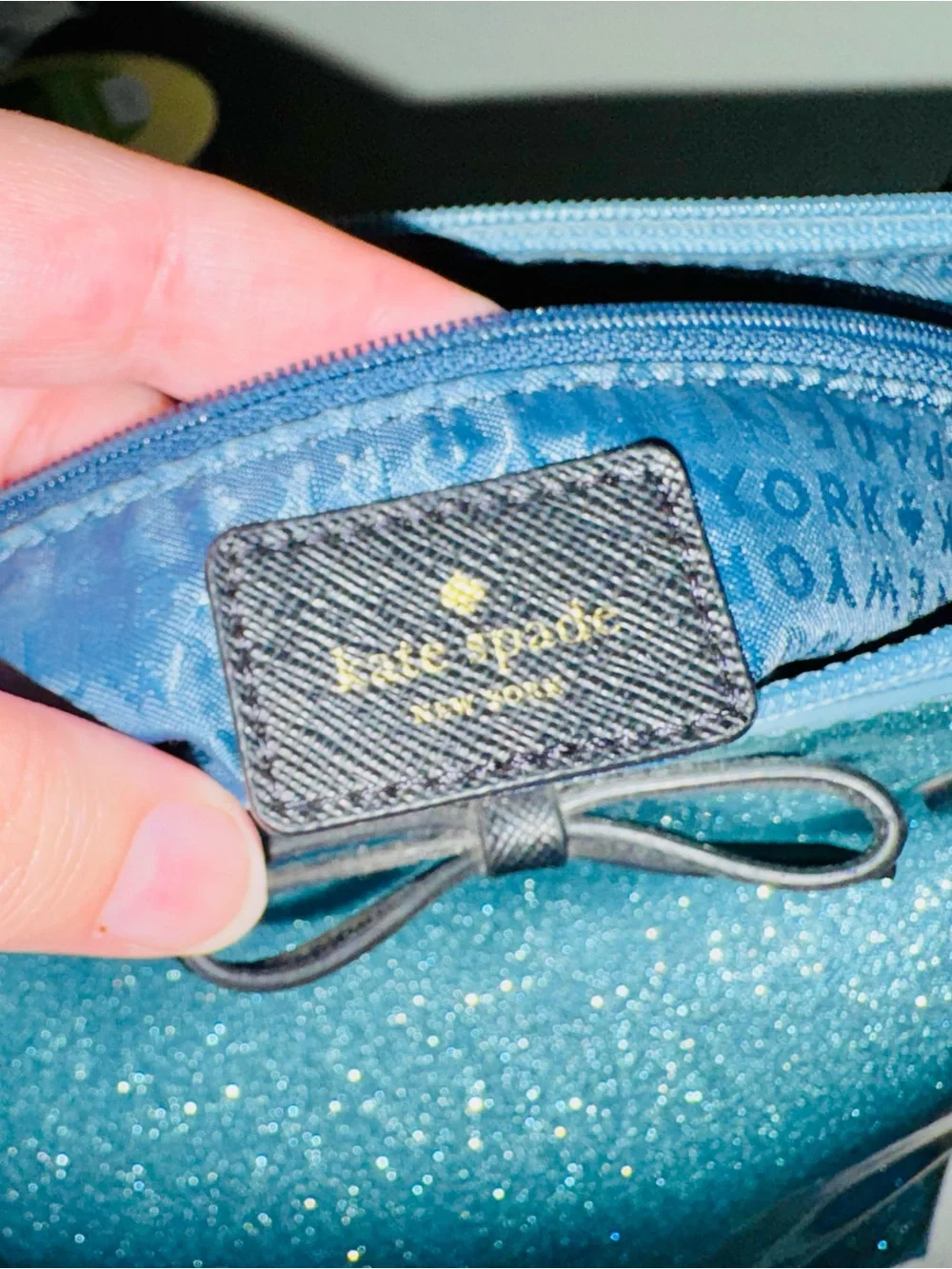 kate spade Glitter Tote in Light Blue with Black Trim